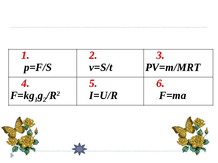 1. p=F/S 2. v=S/t 3. PV=m/MRT 4. F=kg 1 g 2 /R 2 5. I=U/R 6. F=ma