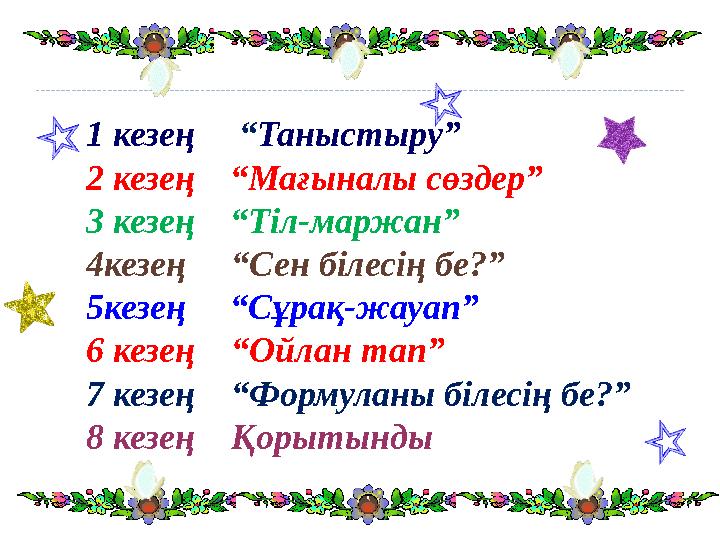 1 кезең “ Таныстыру” 2 кезе ң “Мағыналы сөздер” 3 кезең “Тіл-маржан” 4кезең “Сен білесің бе?” 5кезең “Сұрақ-жауап” 6 к