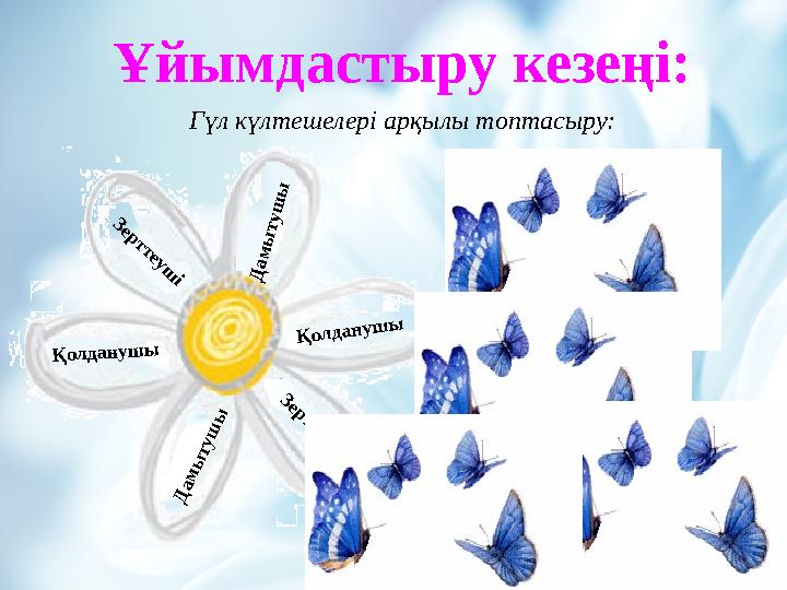 Ұйымдастыру кезеңі: Гүл күлтешелері арқылы топтасыру:Д ам ы туш ы Қ ол дан уш ы Зерттеуш і Д ам ы туш ы Қ ол дан уш ы Зерт