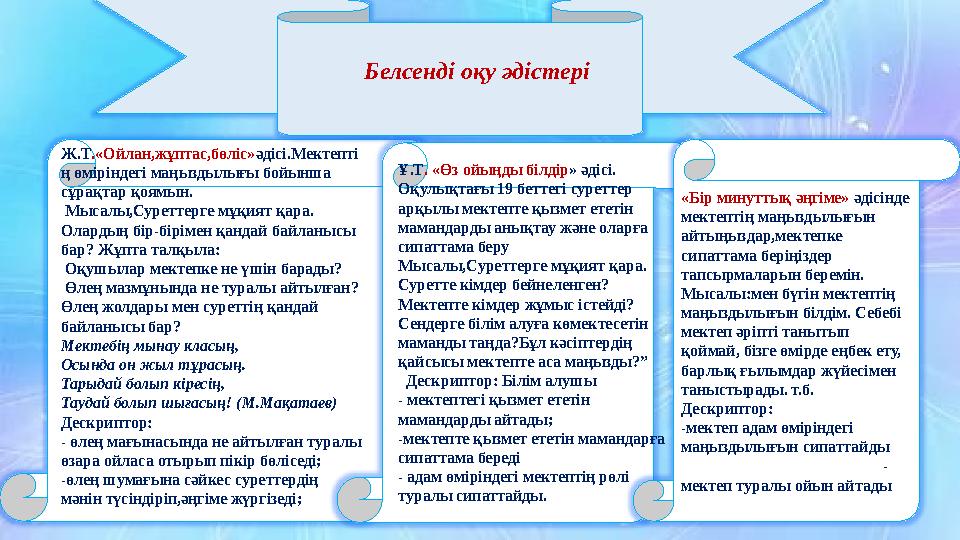 Ж.Т .«Ойлан,жұптас,бөліс» әдісі.Мектепті ң өміріндегі маңыздылығы бойынша сұрақтар қоямын. Мысалы,Суреттерге мұқият қара. Ол