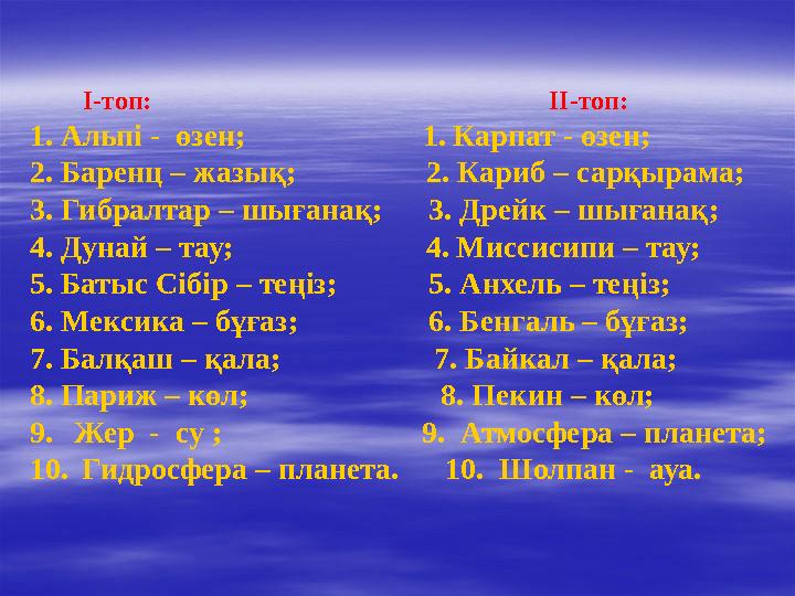 І-топ: ІІ-топ: 1. Альпі - өзен; 1. Ка