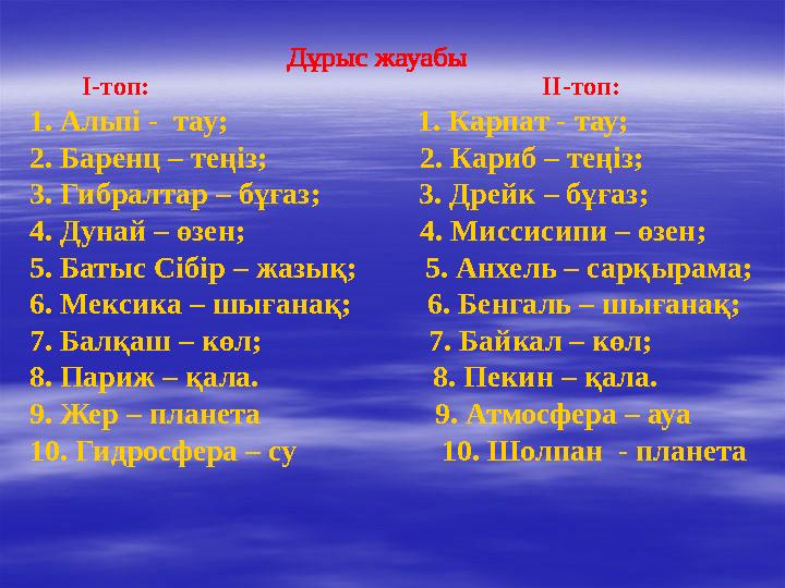 І-топ: ІІ-топ: 1. Альпі - тау; 1. К