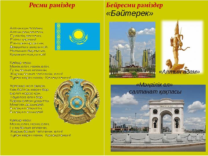 Ресми рәміздер Бейресми рәміздер «Бәйтерек» «Мәңгілік ел» салтанат қақпасы «Алтын адам»