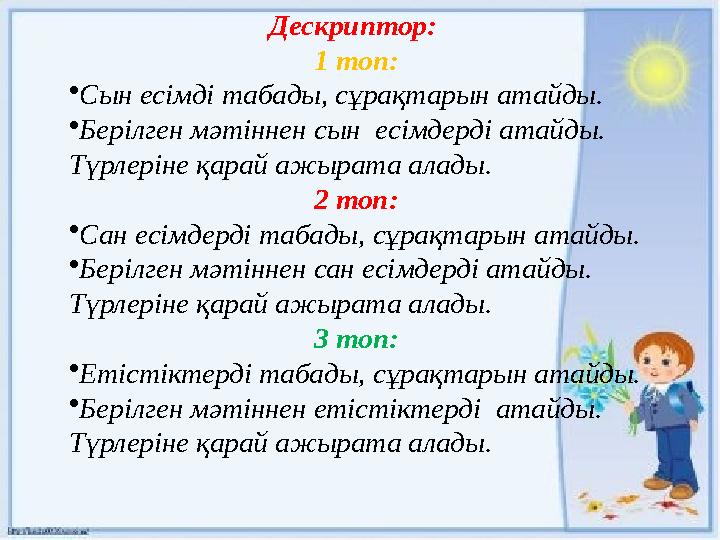 Дескриптор: 1 топ: • Сын есімді табады, сұрақтарын атайды. • Берілген мәтіннен сын есімдерді атайды. Түрлеріне қарай ажырата