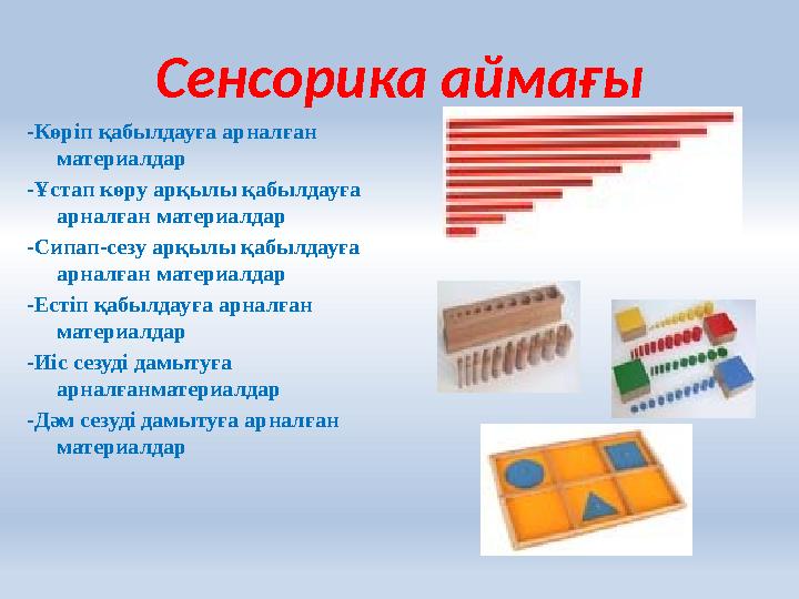 Сенсорика аймағы -Көріп қабылдауға арналған материалдар -Ұстап көру арқылы қабылдауға арналған материалдар -Сипап-сезу арқылы