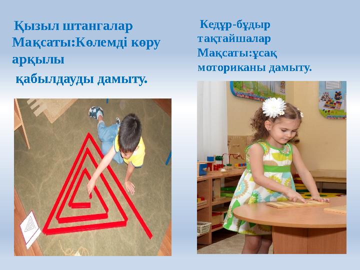 Қызыл штангалар Мақсаты:Көлемді көру арқылы қабылдауды дамыту. Кедұр-бұдыр тақтайшалар Мақсаты:ұсақ моториканы дамыту.