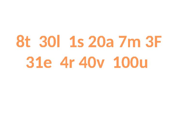 8t 30l 1s 20a 7m 3F 31e 4r 40v 100u