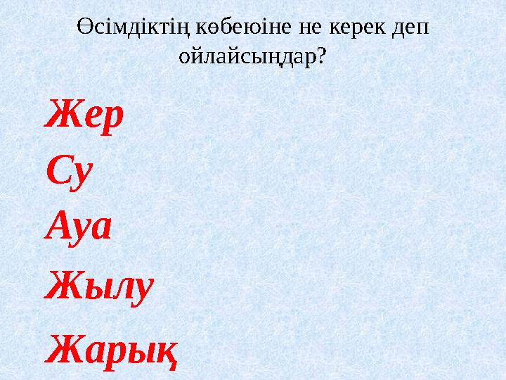 Өсімдіктің көбеюіне не керек деп ойлайсыңдар? Ауа Жер Су Жылу Жарық