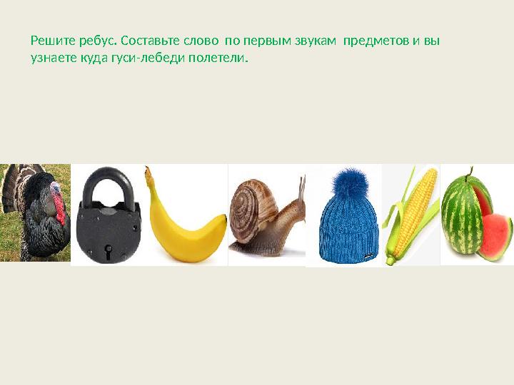 Решите ребус . Составьте слово по первым звукам предметов и вы узнаете куда гуси-лебеди полетели.