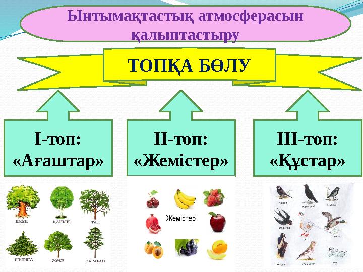 І-топ: «Ағаштар» ІІ-топ: «Жемістер» ІІІ-топ: «Құстар»ТОПҚА БӨЛУЫнтымақтастық атмосферасын қалыптастыру