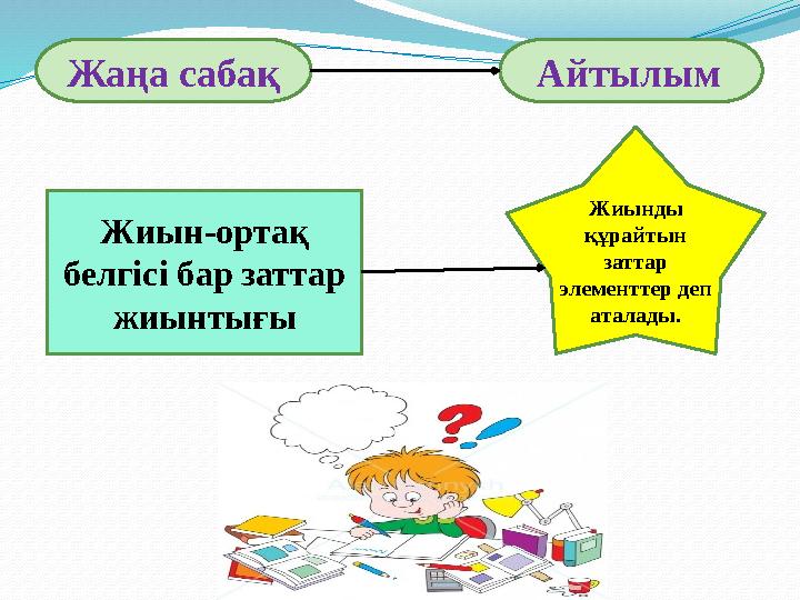 Жаңа сабақ Айтылым Жиынды құрайтын заттар элементтер деп аталады.Жиын-ортақ белгісі бар заттар жиынтығы