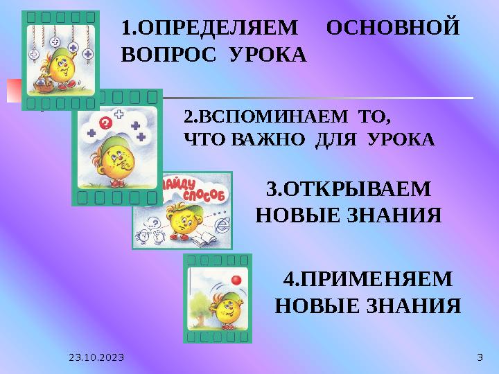 23.10.2023 33.ОТКРЫВАЕМ НОВЫЕ ЗНАНИЯ 4.ПРИМЕНЯЕМ НОВЫЕ ЗНАНИЯ 1.ОПРЕДЕЛЯЕМ ОСНОВНОЙ ВОПРОС УРОКА 2.ВСПОМИНАЕМ ТО, ЧТО ВА