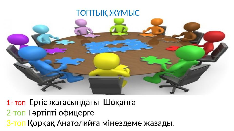 1- топ Ертіс жағасындағы Шоқанға 2-топ Тәртіпті офицерге 3-топ Қорқақ Анатолийға мінездеме жазады .