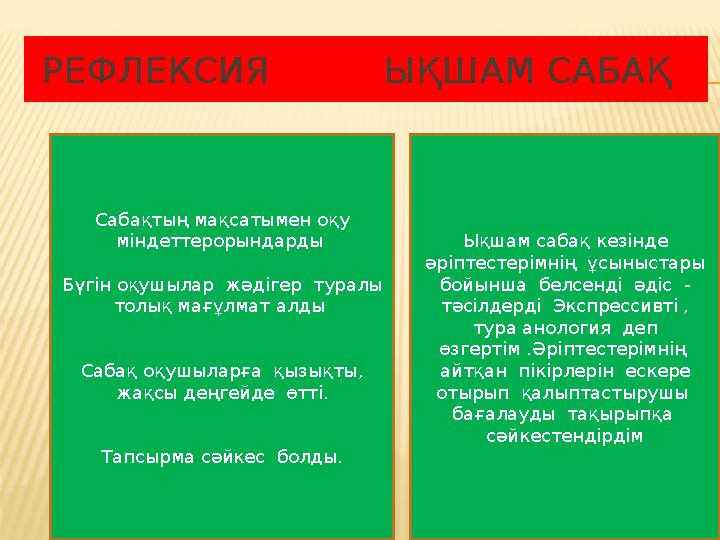 РЕФЛЕКСИЯ ЫҚШАМ САБАҚ Ықшам сабақ кезінде әріптестерімнің ұсыныстары бойынша белсенді әдіс - тәсілдерді Экспр