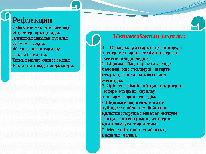 Рефлекция Сабақтың мақсаты мен оқу міндеттері орындалды. Алғашқы адамдар туралы мағұлмат алды. Жоспарланған саралау жақсы іс