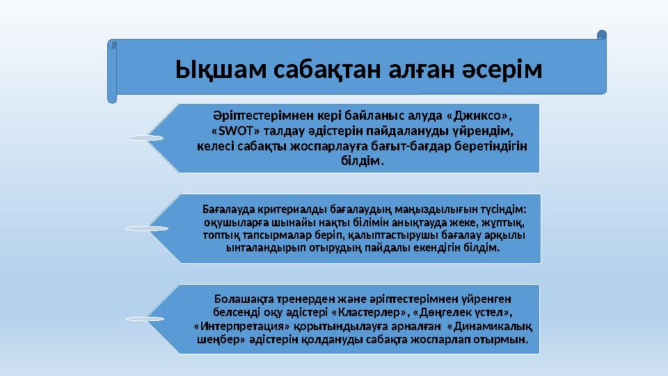 Ықшам сабақтан алған әсерім Әріптестерімнен кері байланыс алуда «Джиксо», « SWOT » талдау әдістерін пайдалануды үйрендім, келе