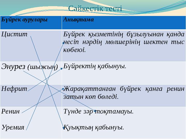 Бүйрек аурулары Анықтама Цистит Бүйрек қызметінің бұзылуынан қанда несіп нәрдің мөлшерінің шектен тыс көбеюі. Энурез (