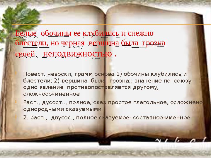  Повест, невоскл, грамм основа 1) обочины клубились и блестели; 2) вершина была грозна;; значение по союзу – одно явление