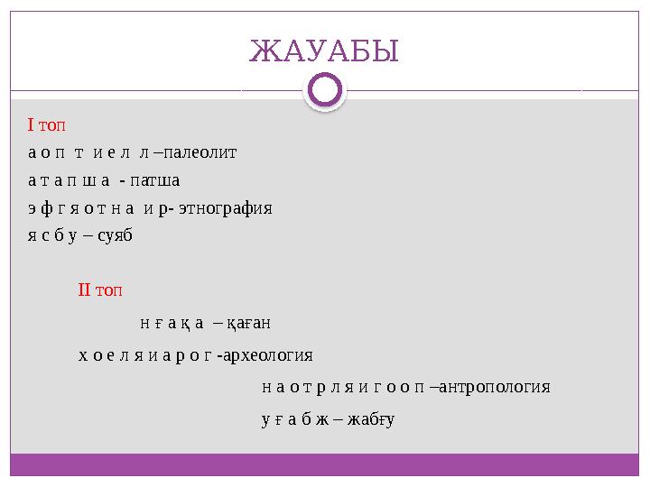 ЖАУАБЫ І топ а о п т и е л л –палеолит а т а п ш а - патша э ф г я о т н а и р- этнография я с б у – суяб ІІ топ