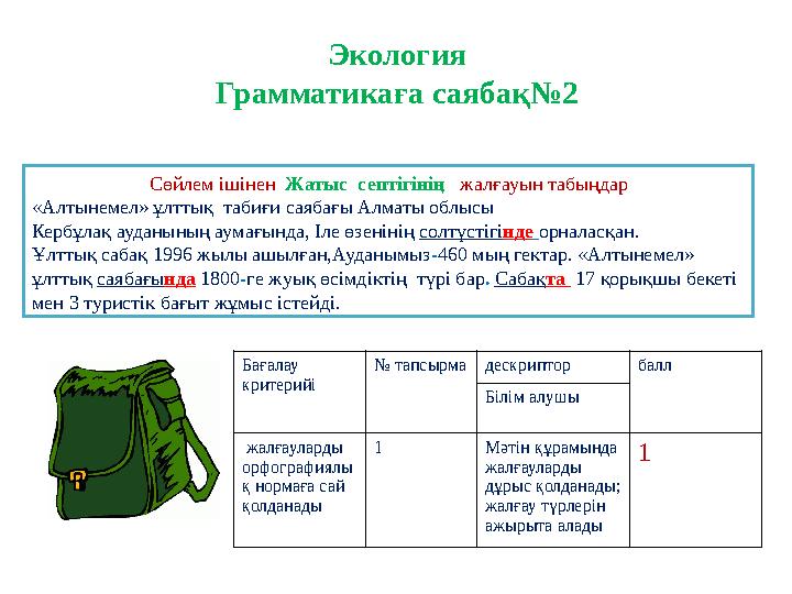 Экология Грамматикаға саябақ№2 Сөйлем ішінен Жатыс септігінің жалғауын табыңдар «Алтынемел» ұлттық табиғи саябағы Алматы