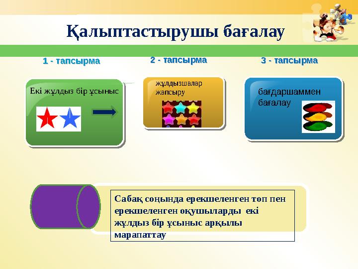 Қалыптастырушы бағалау Екі жұлдыз бір ұсыныс 3 - тапсырма3 - тапсырма Сабақ соңында ерекшеленген топ пен ерекшеленге