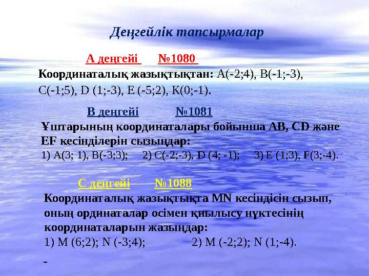тапДеңгейлік тапсырмалар А деңгейі № 1080 Координаталы қ жазықтықтан: А( -2;4 ), В(-1;-3), С(-1;5), D (1 ;-3 ) , Е