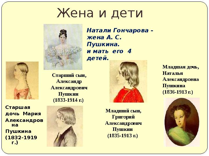 Жена и дети Старшая дочь Мария Александров на Пушкина (1832-1919 г.) Старший сын, Александр Александрович Пушкин (1833