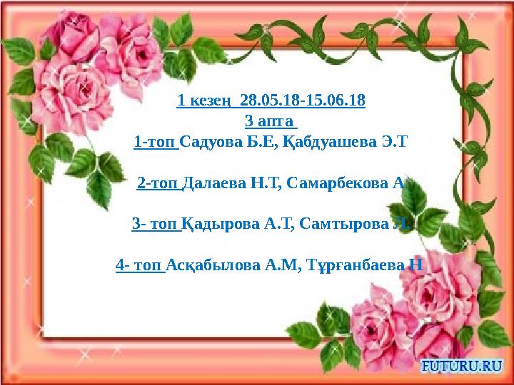 1 кезең 28.05.18-15.06.18 3 апта 1-топ Садуова Б.Е, Қабдуашева Э.Т 2-топ Далаева Н.Т, Самарбекова А 3- топ Қадырова А.Т, Са