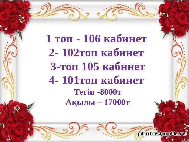 1 топ - 106 кабинет 2- 102топ кабинет 3-топ 105 кабннет 4- 101топ кабинет Тегін -8000т Ақылы – 17000т