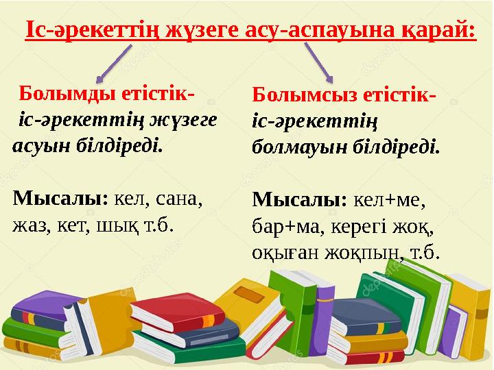 Іс-әрекеттің жүзеге асу-аспауына қарай: Болымды етістік- іс-әрекеттің жүзеге асуын білдіреді. Мысалы: кел, сана, жаз, кет