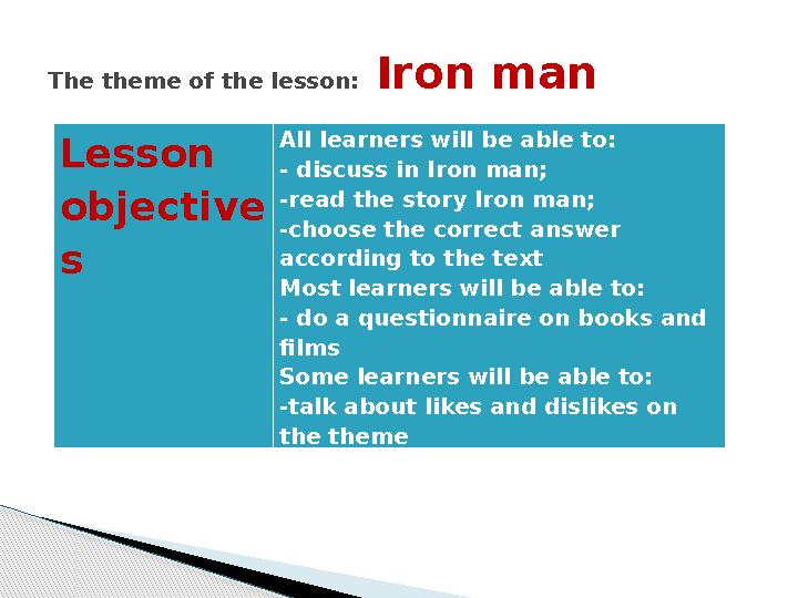 Lesson objective s All learners will be able to: - discuss in Iron man; -read the story Iron man; -choose the correct a