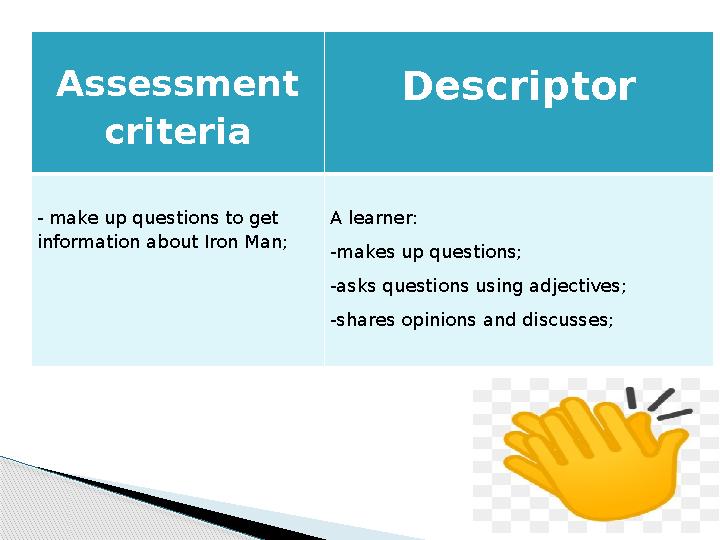 Assessment criteria Descriptor - make up questions to get information about Iron Man; A learner: -makes up questions; -asks
