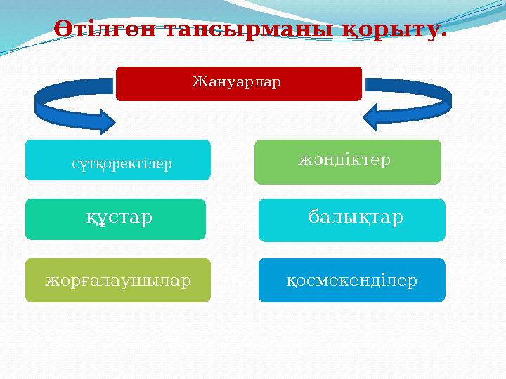 Өтілген тапсырманы қорыту. Жануарлар құстарсүтқоректілер жәндіктер қосмекенділержорғалаушылар балықтар