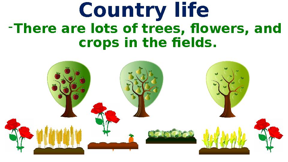 Country life - There are lots of trees, flowers, and crops in the fields.