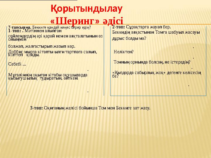 Қорытындылау « Шеринг » әдісі 3-топ: Оқиғаның желісі бойынша Том мен Беккиге хат жазу. 7-тапсырма. Беккиге қандай кеңес берер