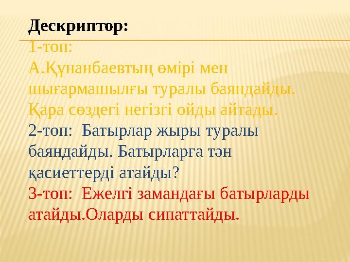 Дескриптор: 1-топ: А.Құнанбаевтың өмірі мен шығармашылғы туралы баяндайды. Қара сөздегі негізгі ойды айтады. 2-топ: Батырлар