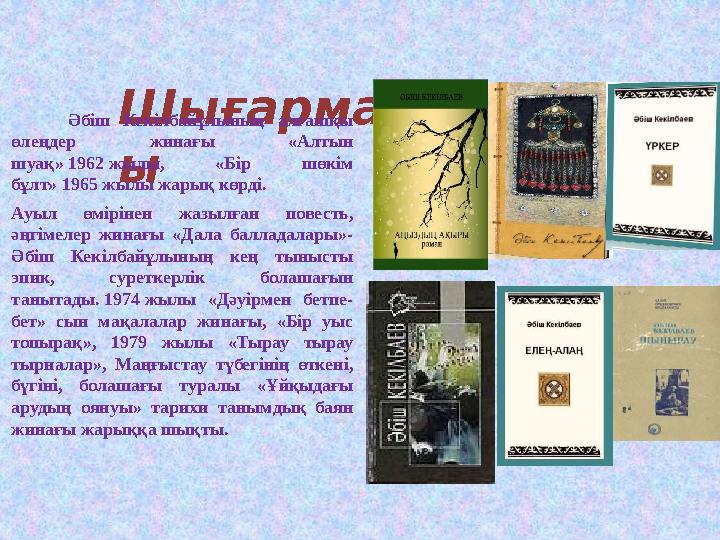 Шығармашылығ ы Әбіш Кекілбайұлының алғашқы өлеңдер жинағы «Алтын шуақ» 1962 жылы, «Бір шөкім бұлт» 1965 жылы