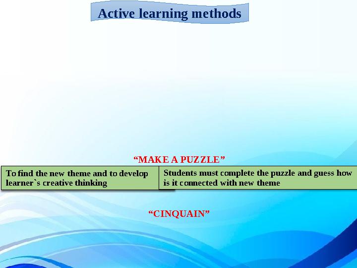 Active learning methods “ MAKE A PUZZLE” To find the new theme and to develop learner`s creative thinking Students must comple