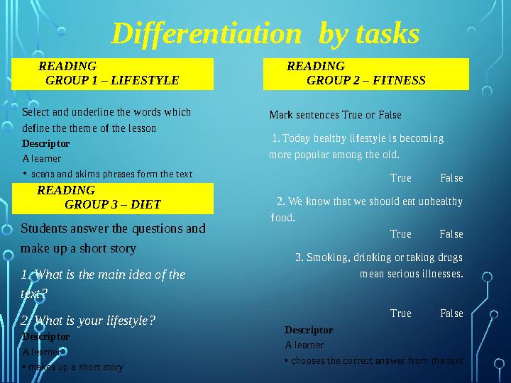 Differentiation by tasks READING GROUP 1 – LIFESTYLE Select and underline the words which define