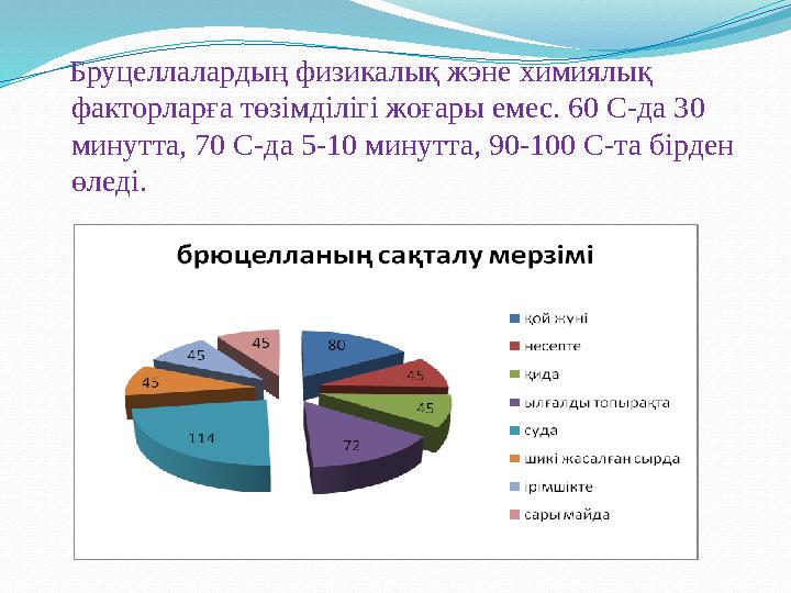 Бруцеллалардың физикалық жэне химиялық факторларға төзімділігі жоғары емес. 60 С-да 30 минутта, 70 С-да 5-10 минутта, 90-1