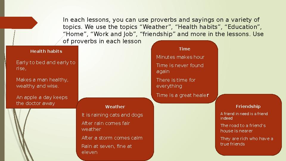 In each lessons, you can use proverbs and sayings on a variety of topics. We use the topics “Weather”, “Health habits”, “Educat