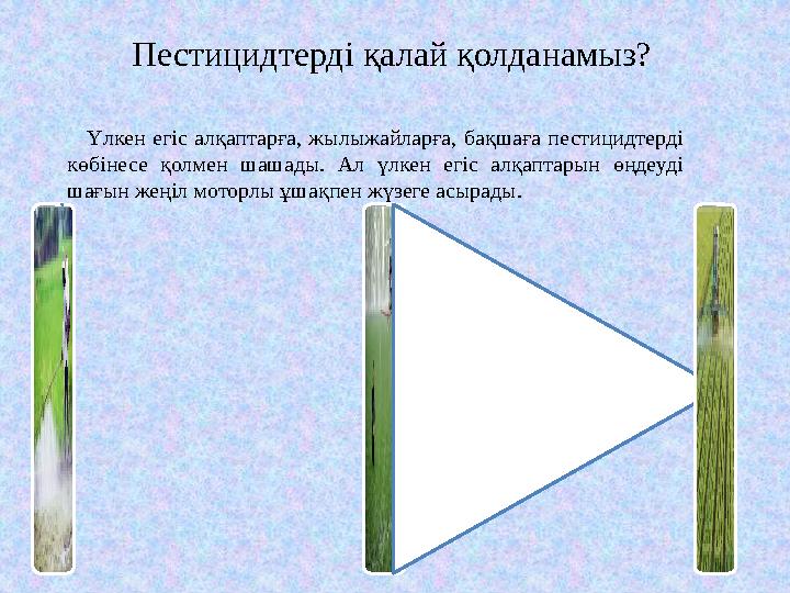 Пестицидтерді қалай қолданамыз? Үлкен егіс алқаптарға, жылыжайларға, бақшаға пестицидтерді көбінесе қолмен шашады.