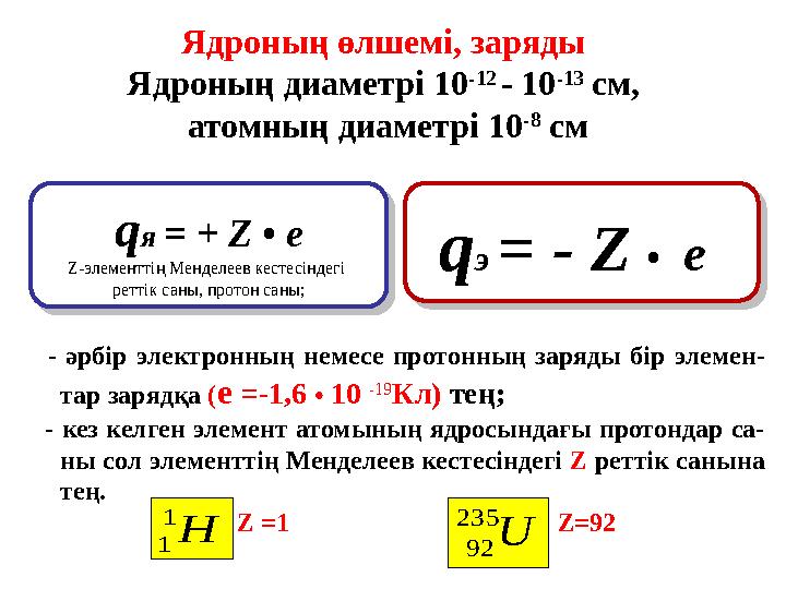 q я = + Z • e Z-элементтің Менделеев кестесіндегі реттік саны, протон саны; Ядроның өлшемі, заряды Ядро ның диаметрі 10 -12