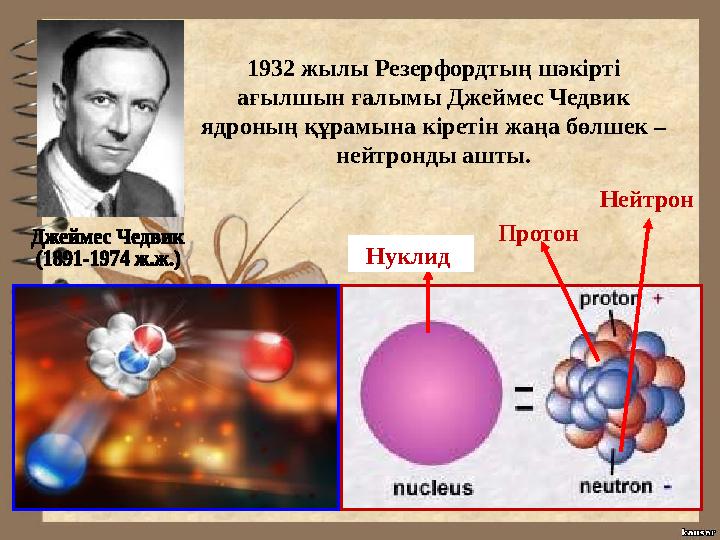 Протон Нейтрон Нуклид 1932 жылы Резерфордтың шәкірті ағылшын ғалымы Джеймес Чедвик ядроның құрамына кіретін жаңа бөлшек – н