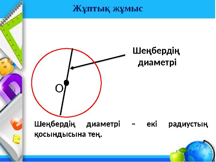 Жұптық жұмыс Шеңбердің диаметрі Шеңбердің диаметрі – екі радиустың қосындысына тең. О