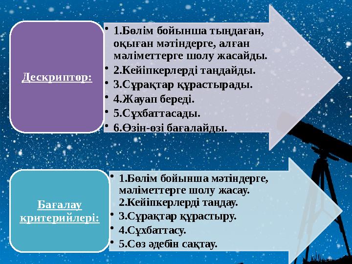 • 1.Бөлім бойынша тыңдаған, оқыған мәтіндерге, алған мәліметтерге шолу жасайды. • 2.Кейіпкерлерді таңдайды. • 3.Сұрақтар құрас