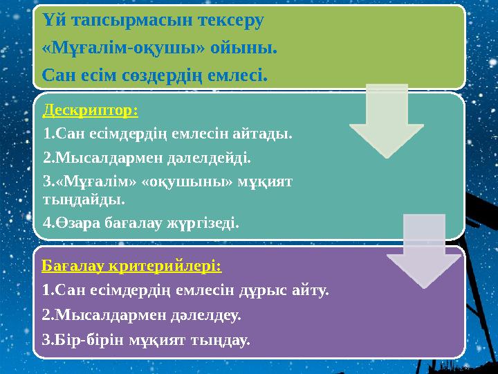 Үй тапсырмасын тексеру «Мұғалім-оқушы» ойыны. Сан есім сөздердің емлесі. Дескриптор: 1.Сан есімдердің емлесін айтады. 2.Мысалда