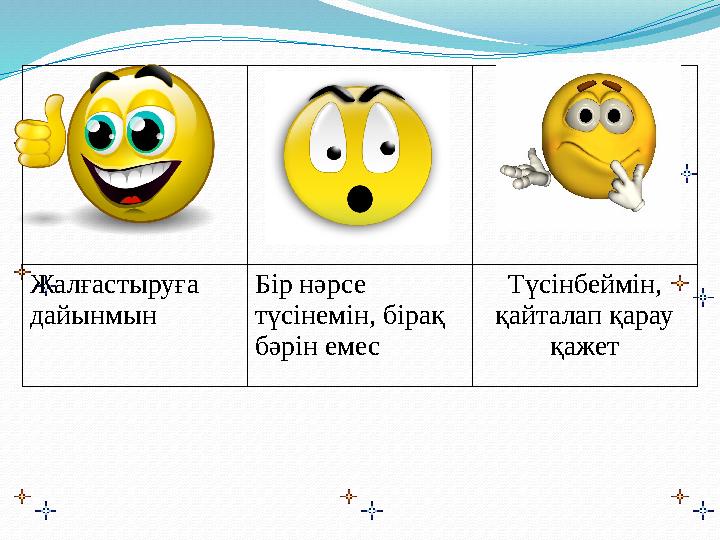 Жалғастыруға дайынмын Бір нәрсе түсінемін, бірақ бәрін емес Түсінбеймін, қайталап қарау қажет