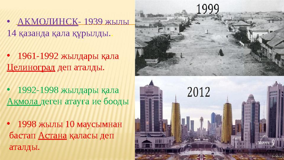 • АКМОЛИНСК - 1939 жылы 14 қазанда қала құрылды. . • 1961-1992 жылдары қала Целиноград деп аталды. • 1992-1998 жылдары қала