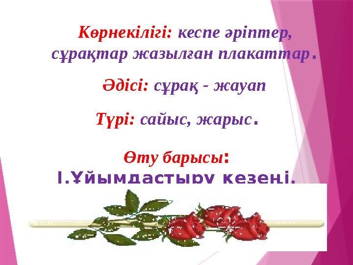 Көрнекілігі: кеспе әріптер, сұрақтар жазылған плакаттар . Әдісі: сұрақ - жауап Түрі: сайыс, жарыс . Өту барысы : І.Ұйымдас